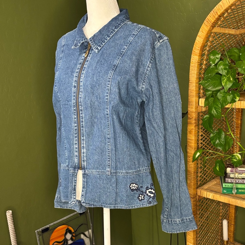 VTG CJ Banks Blue Jean Denim Floral Antique China Embroidered Zip Up Jacket